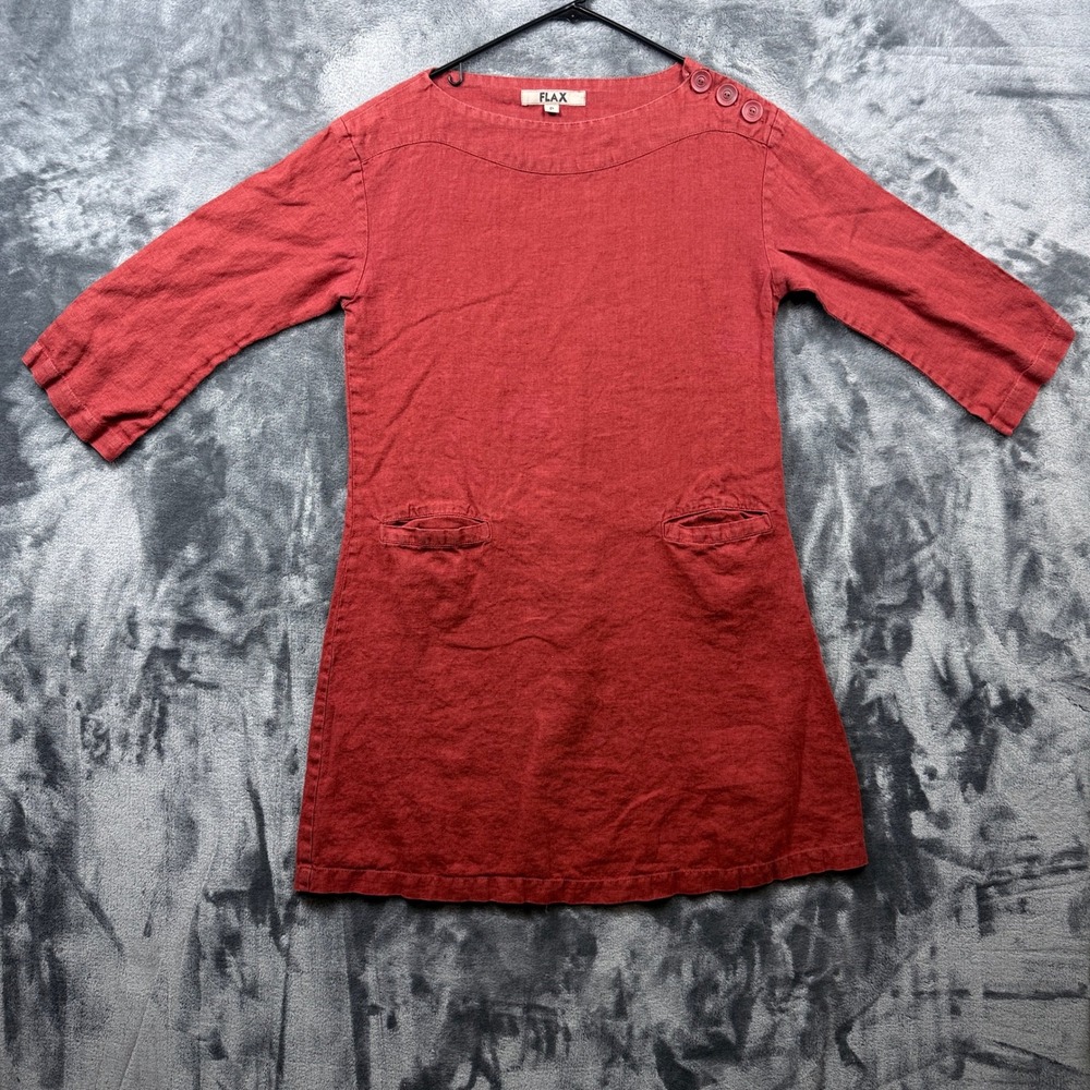 FLAX Linen Tunic Top Womens Petite P Red Button Shoulder Pocket Boat Neck 3/4 Sl